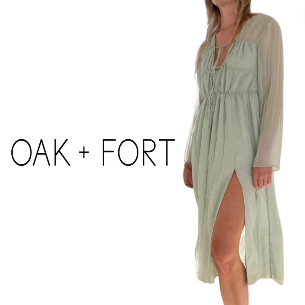 Oak + Fort NWT Boho Midi Dress - Aqua Grey - Bohemian Tie Tiered Dress - Size L